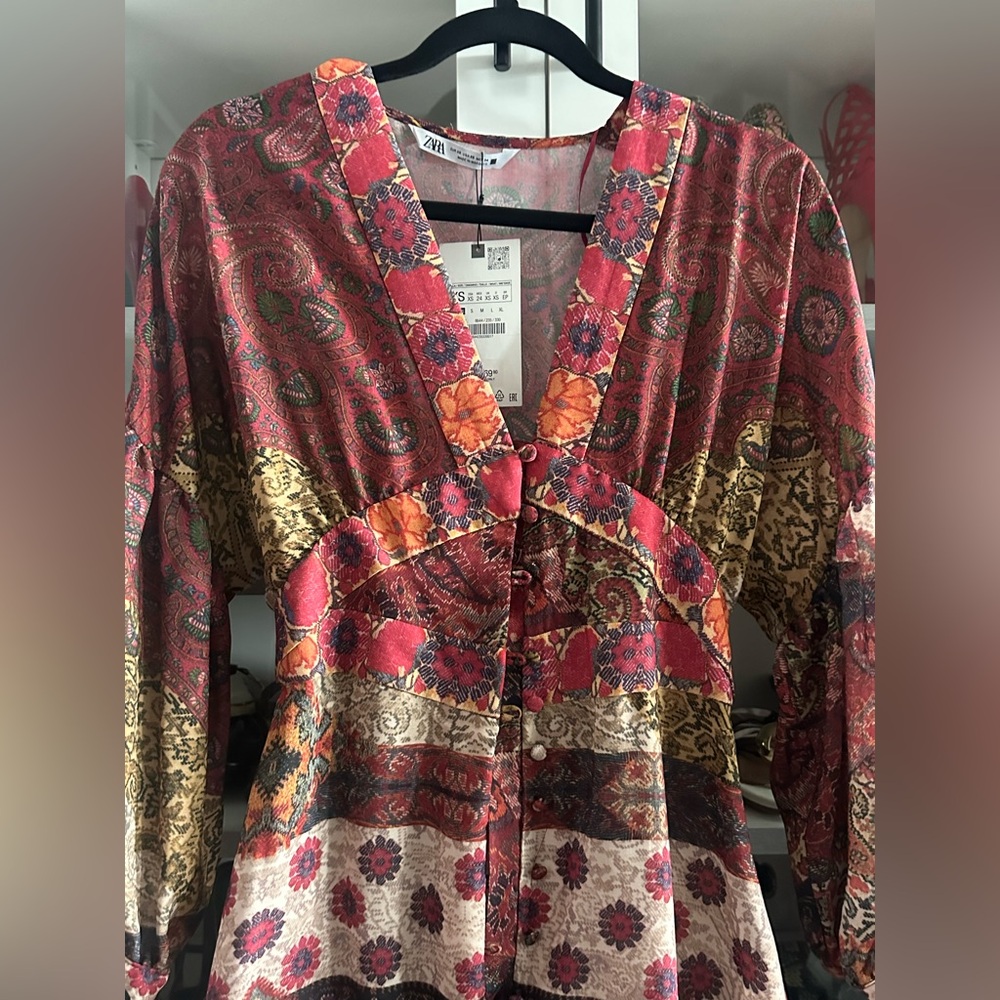 ZARA PATCHWORK PRINT BALLOON SLEEVES MIDI DRESS size XS Bohemian Maxi Dress - Picture 6 of 10